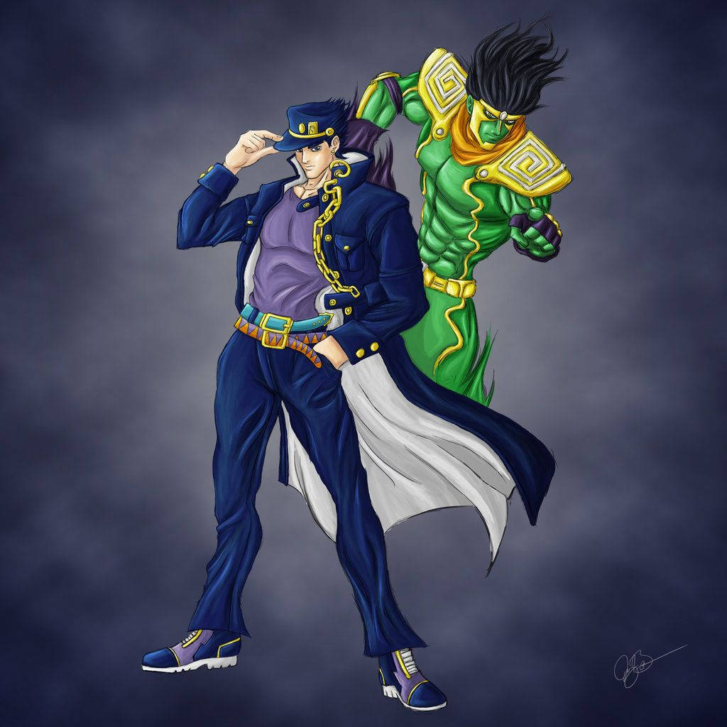 Jotaro Kujo 與 Star Platinum 並肩作戰 壁紙 — 兩個動漫角色，一個身穿藍色西裝掀帽，另一個綠色肌肉發達身穿金色盔甲，站在黑暗暴風雨背景前。