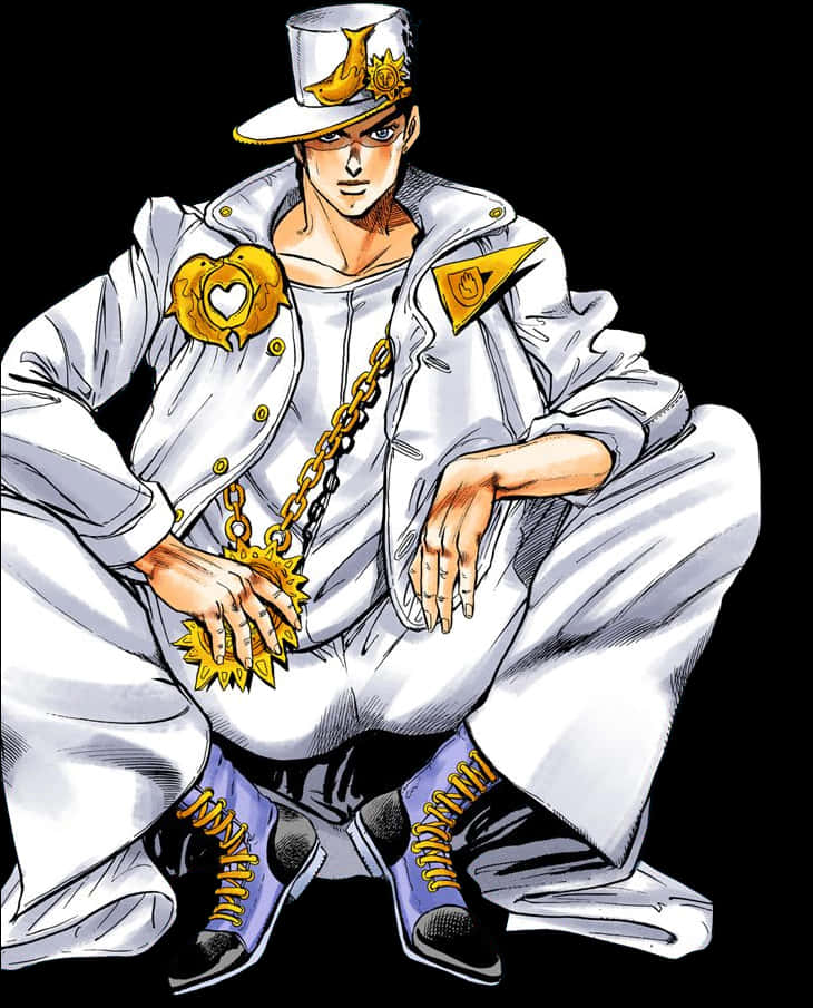 Jotaro Kujo 冷靜姿態 壁紙 — 一個自信的動漫角色穿著白色服裝搭配金色飾物，在黑色背景前蹲下。