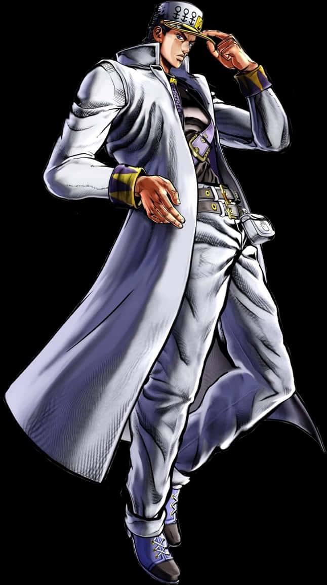 Jotaro Kujo 冷靜姿態 壁紙 — 一個自信的動漫角色，身穿長銀色外套和帽子，在黑色背景下敬禮。