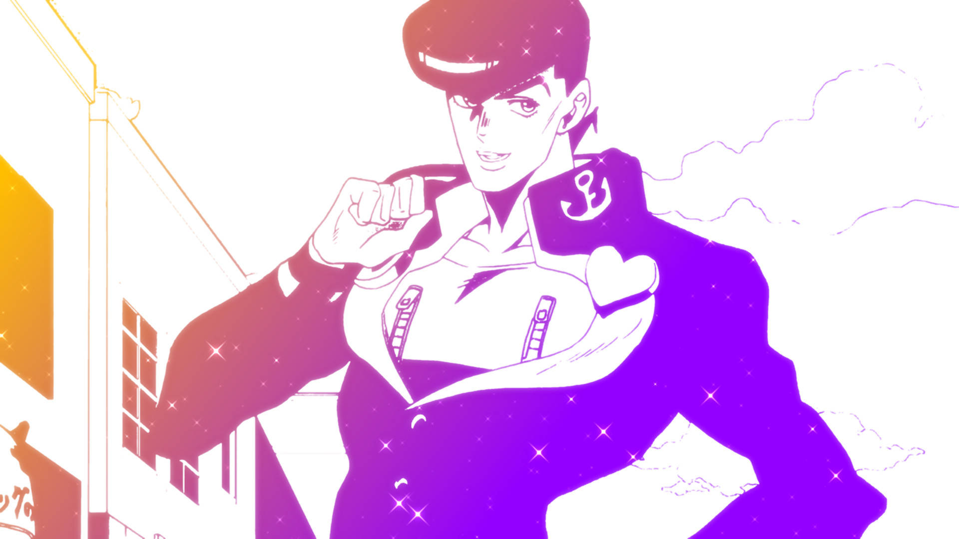 Jotaro Kujo 動畫版可愛形象 壁紙 — 一個風格化的動漫角色穿著紫色和粉紅色的漸變服裝，在極簡的城市背景前自信地擺姿勢，帶有閃爍效果。