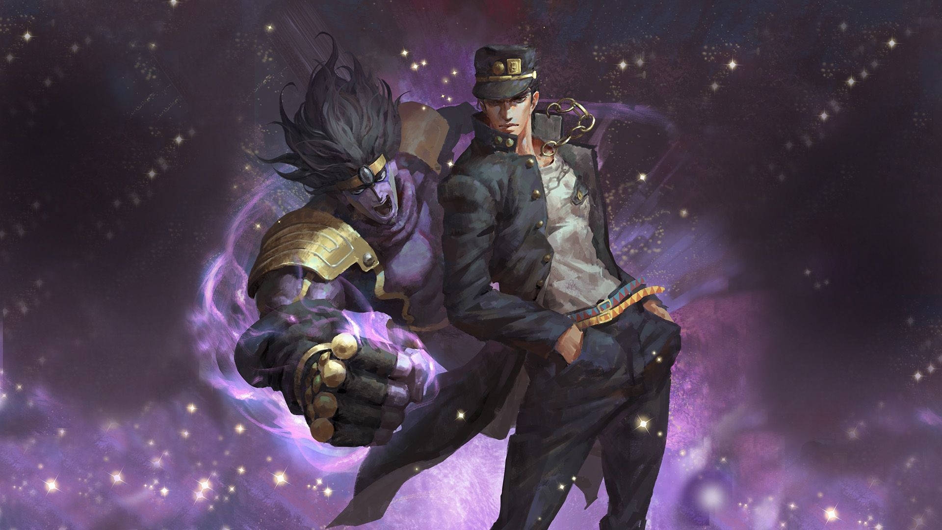 Jotaro Kujo 在《JoJo 的奇妙冒險》中召喚站點 壁紙 — 兩個動漫角色站在宇宙紫色星空背景下，一個穿著軍裝，另一個穿著紫色盔甲，拳頭發光。