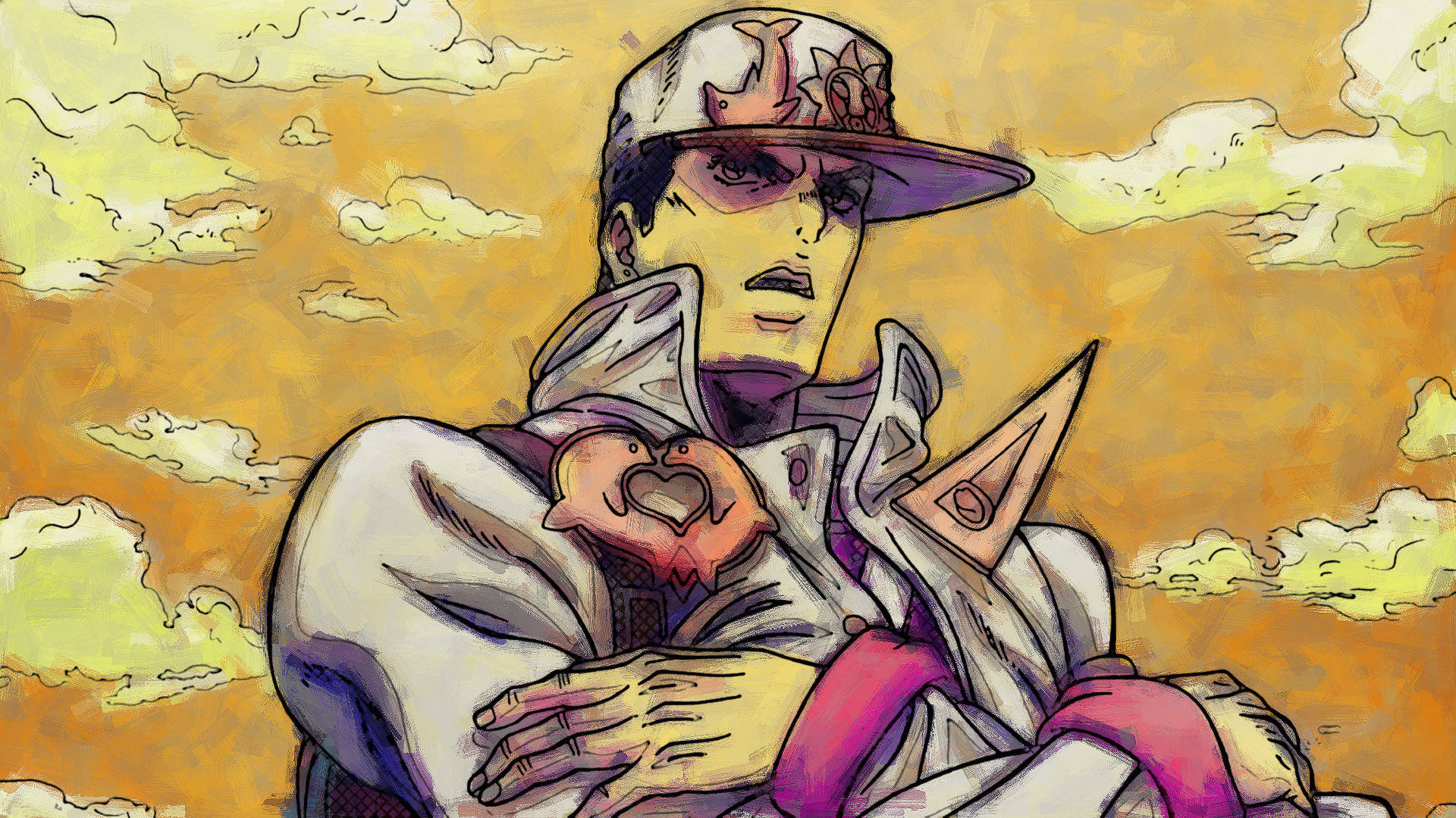 Jotaro Kujo 站立並展現姿勢 壁紙 — 一個戴帽子和穿外套的風格化動漫角色，在溫暖多雲的天空下抱著一個心形物體。