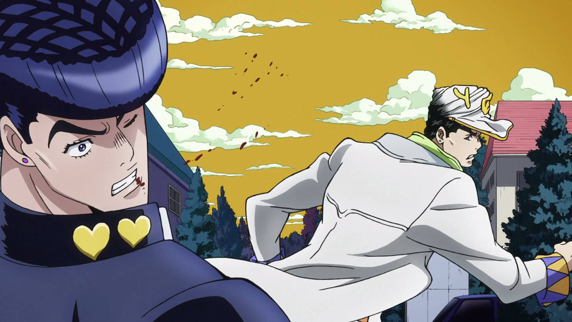 Jotaro Kujo 與 Josuke 對戰 壁紙 — 兩個動漫角色在金色天空下的郊區街道上碰撞，鮮血在空中飛濺。