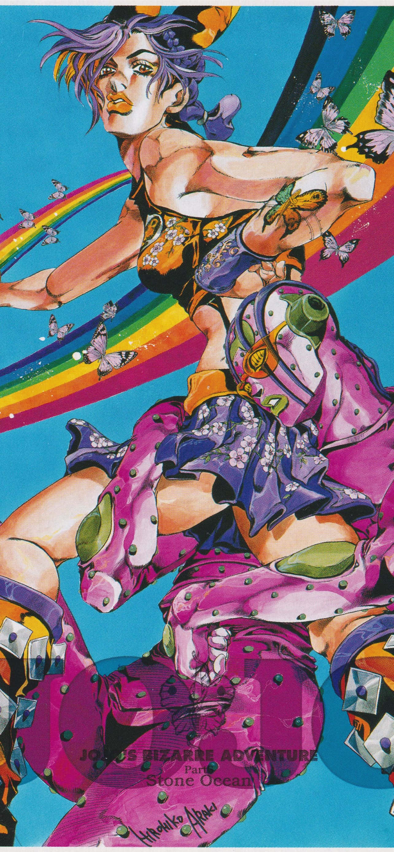 Jotaro Kujo與Joestar小隊在摩洛哥迎戰敵人 壁紙 — 一個充滿活力的動漫角色，擁有紫色頭髮和蝴蝶圖案，在鮮豔的彩虹和藍色背景前擺出強有力的姿勢。