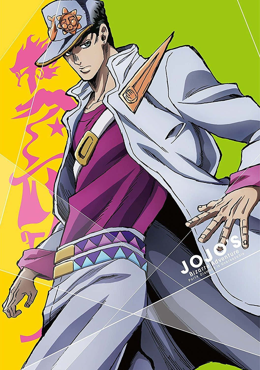 來自 JoJo's Bizarre Adventure 的動漫角色，身穿白色外套和紫色襯衫，在粉紅色火焰背景前擺姿勢。