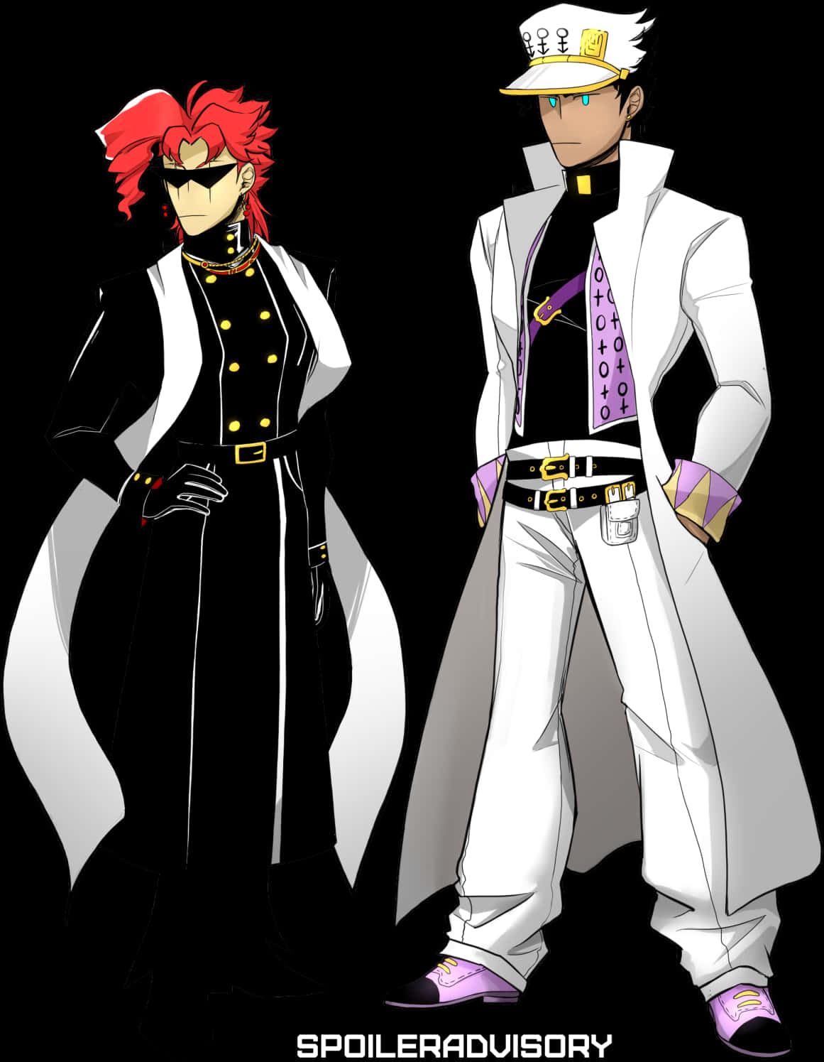 Jotaro與Kakyoin動漫風格插畫 壁紙 — 兩個動漫角色自信地站在黑色背景前，一個穿著黑白外套，紅髮，另一個穿著白色外套，帶紫色點綴。