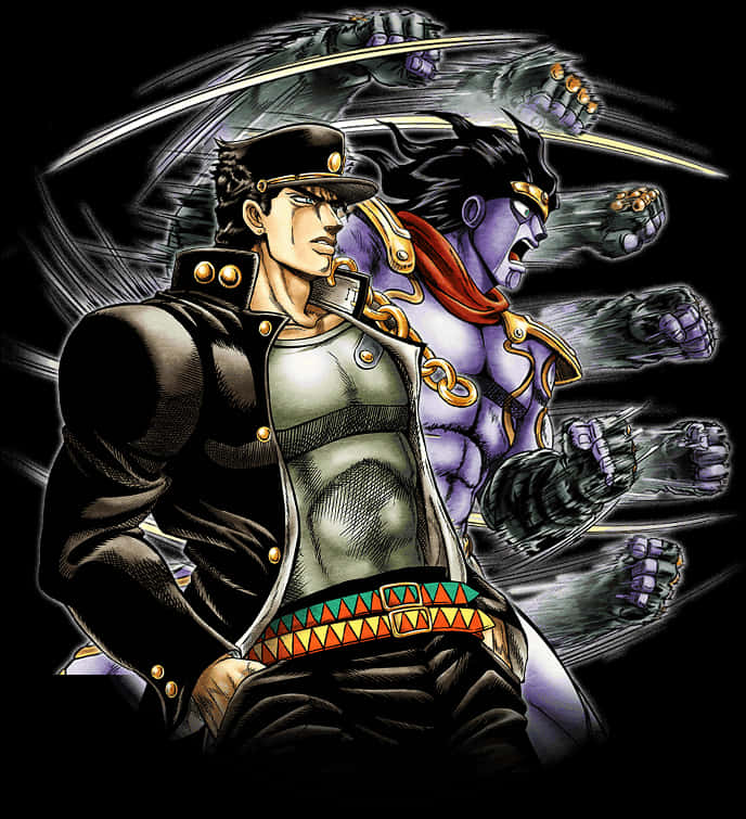 Jotaro與Stand插畫 壁紙 — 一幅充滿動感的動漫插圖，描繪一名身穿黑色外套和帽子的男子，身後有一位紫髮戰士揮舞著多把發光的劍。