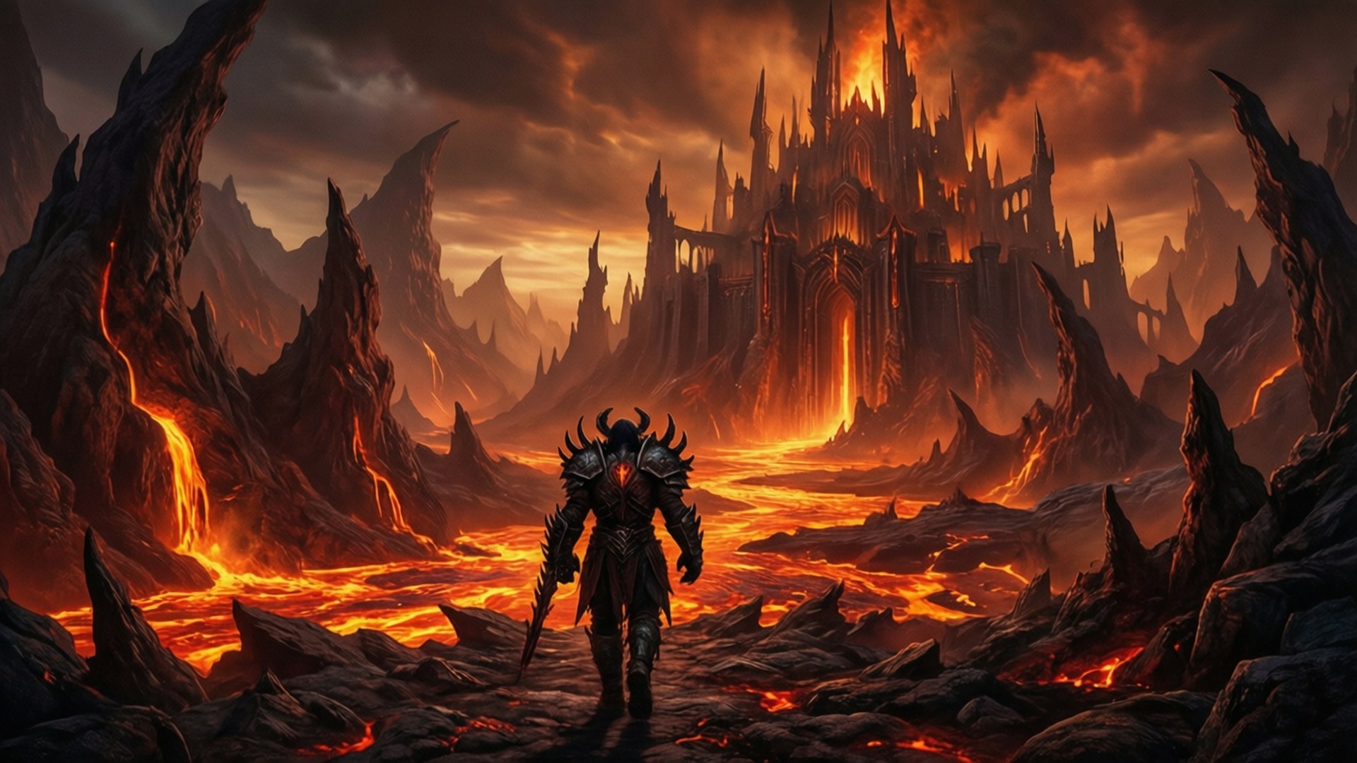 Journey Through Hell 壁紙 — 一個身穿黑色盔甲的戰士站在一座高聳的哥德式城堡前，城堡正在噴發熔岩，周圍是火熱的地獄般景觀。