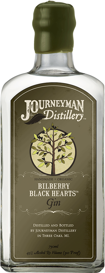 Journeyman Distillery 藍莓黑心琴酒瓶 壁紙 — 一瓶透明的Journeyman Distillery Bilberry Black Hearts Gin玻璃瓶，帶有綠色瓶蓋和詳細的樹木設計標籤。
