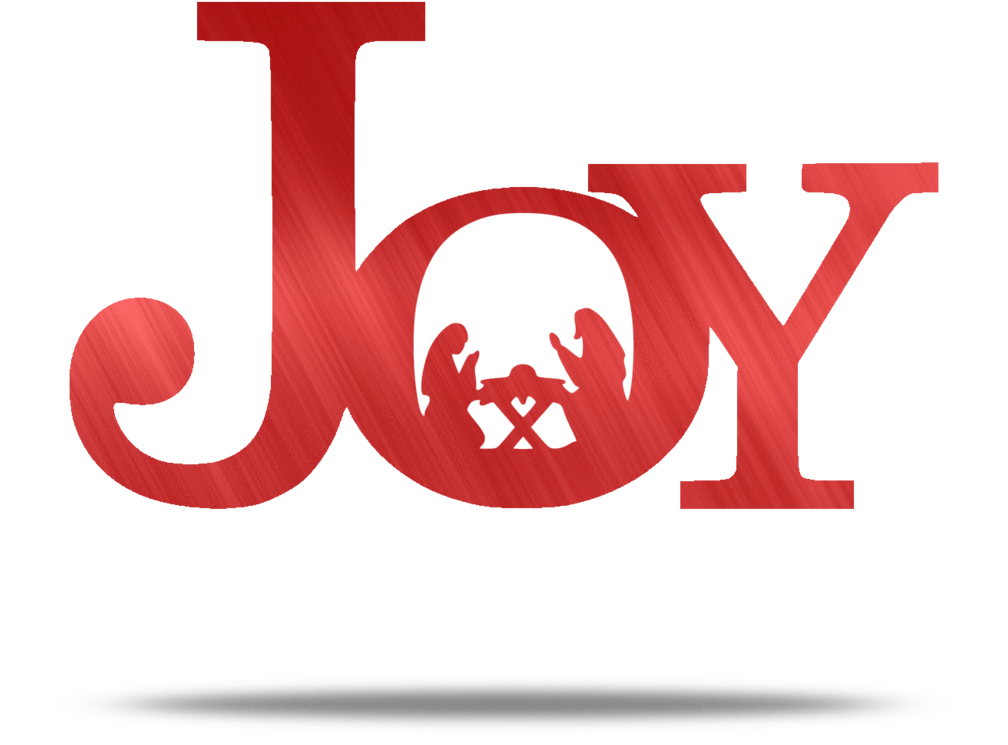 紅色 Joy 文字圖形 壁紙 — 大膽的紅色紋理字母拼出 JOY，O 字內有耶穌誕生場景，背景為黑色。
