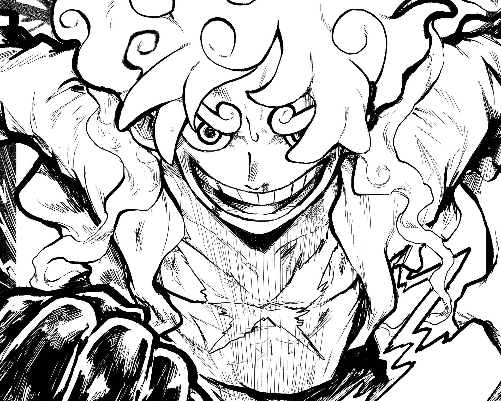 黑白素描風格中，擁有狂野頭髮和瘋狂笑容的動漫角色。