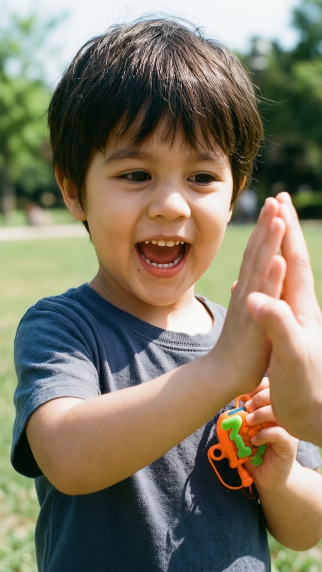 一個微笑的孩子在陽光明媚的公園裡拿著水槍拍手。