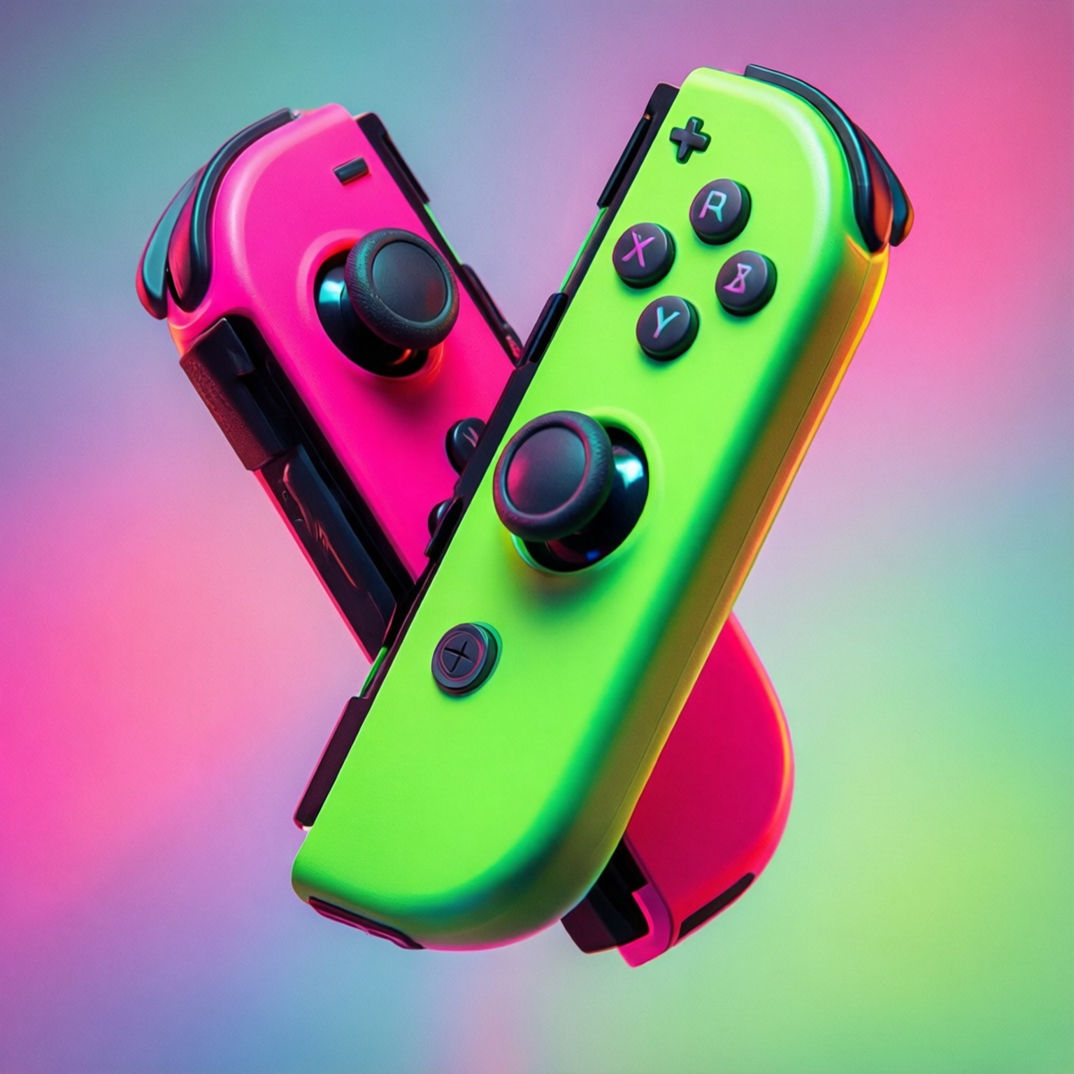 兩個色彩繽紛的 Nintendo Switch 控制器交叉成 V 形，在發光的漸變背景上。