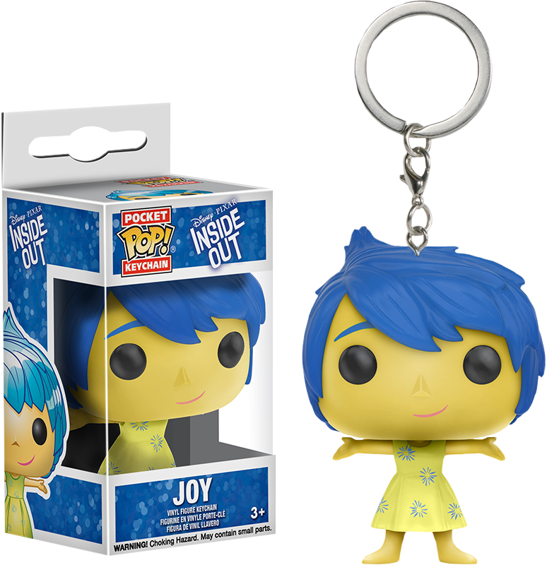《腦筋急轉彎》Joy Funko Pop鑰匙圈 壁紙 — 《玩轉腦朋友》中阿樂的黃色塑膠鎖匙扣公仔，藍色頭髮和花卉連衣裙，旁邊是其品牌包裝。