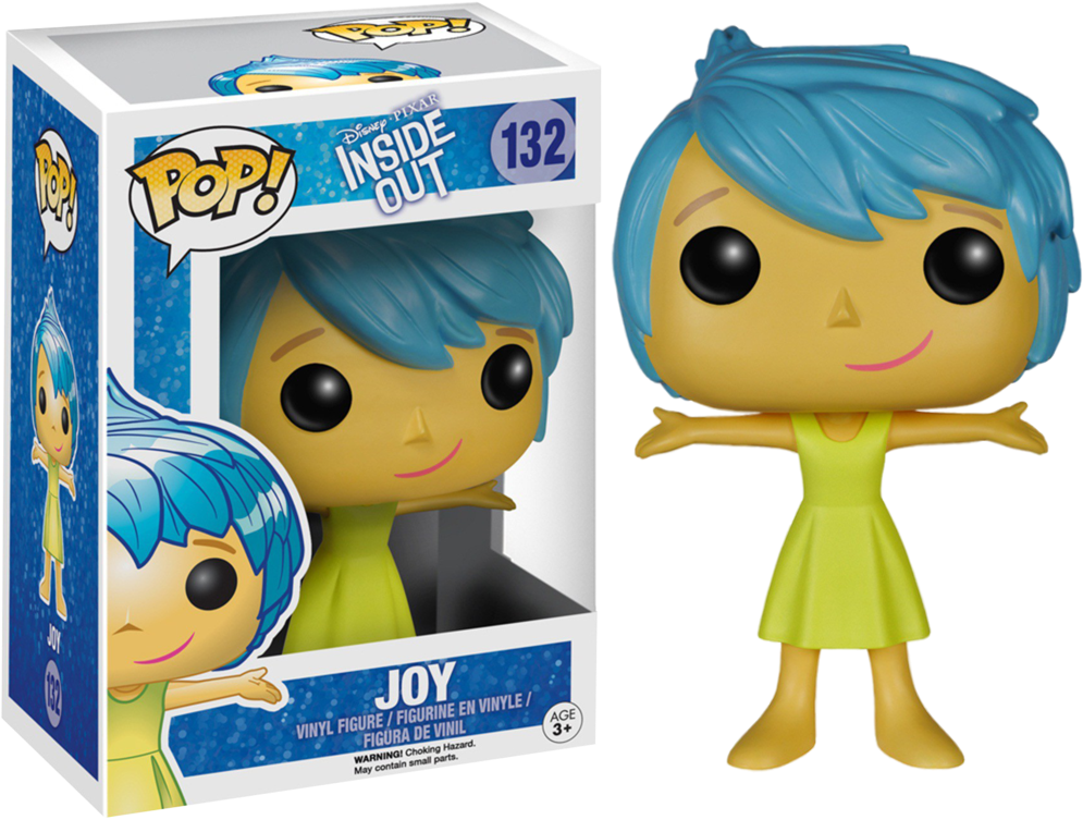 《腦筋急轉彎》Joy Funko Pop 玩偶 壁紙 — 來自《玩轉腦朋友》的樂樂 Funko Pop! 塑膠公仔站在她的收藏盒旁邊，擁有亮藍色頭髮和開心的黃色裙子。