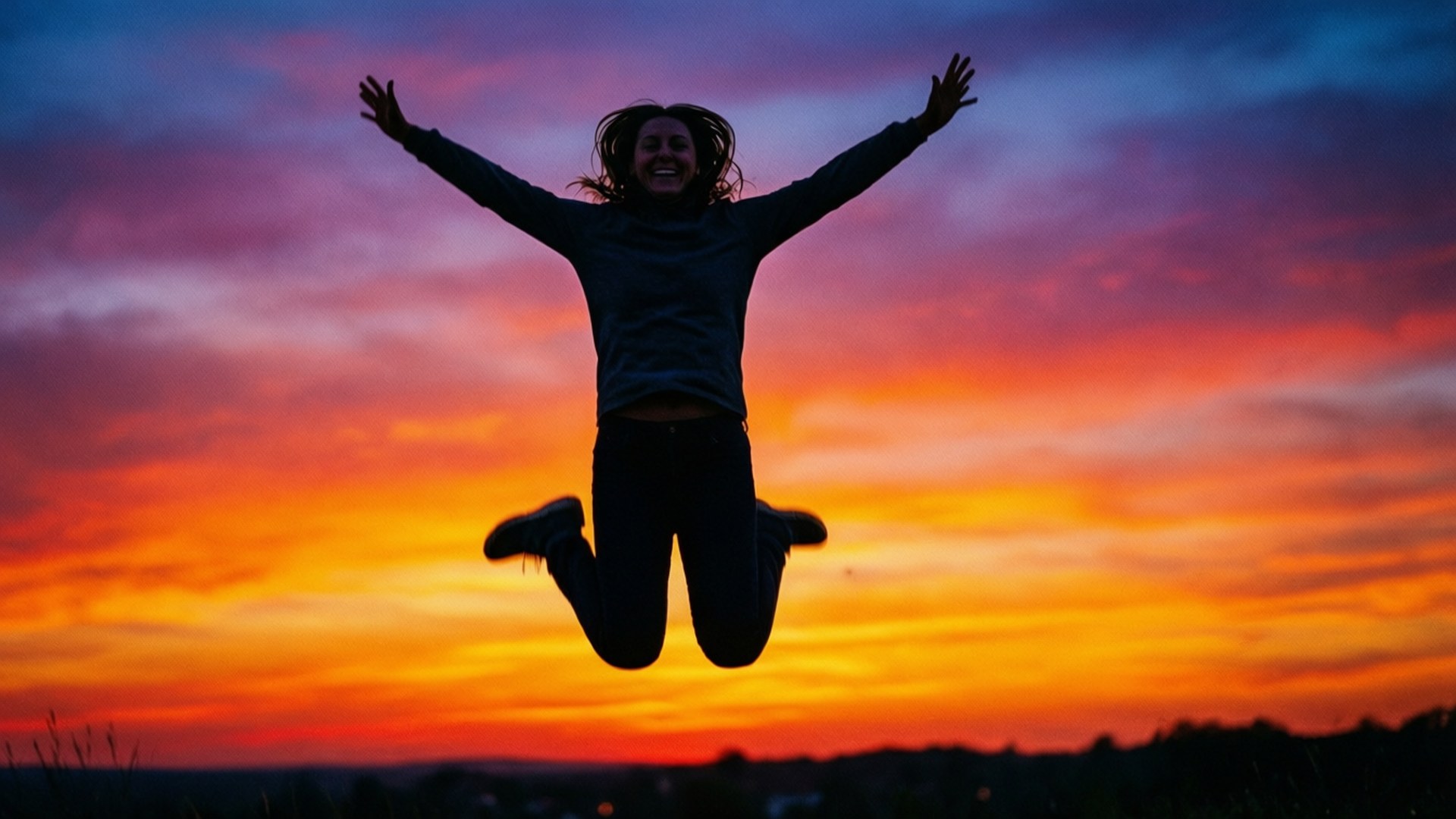 一個人在日落時舉起雙臂跳躍，天空呈現鮮豔的橙色和紫色