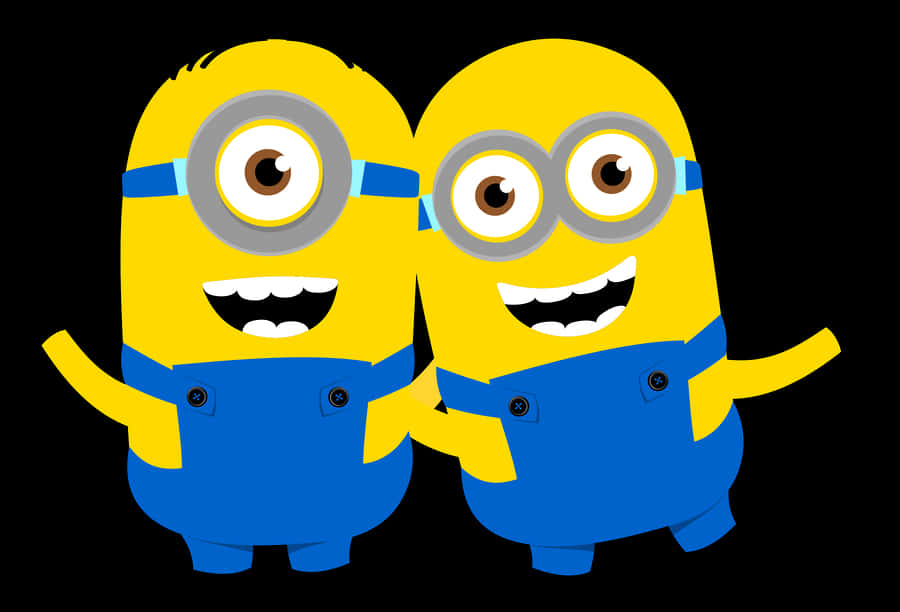 兩隻小黃人並肩微笑.JPG 壁紙 — 兩個穿著藍色工裝褲的開心黃色Minions在黑色背景前咧嘴大笑。