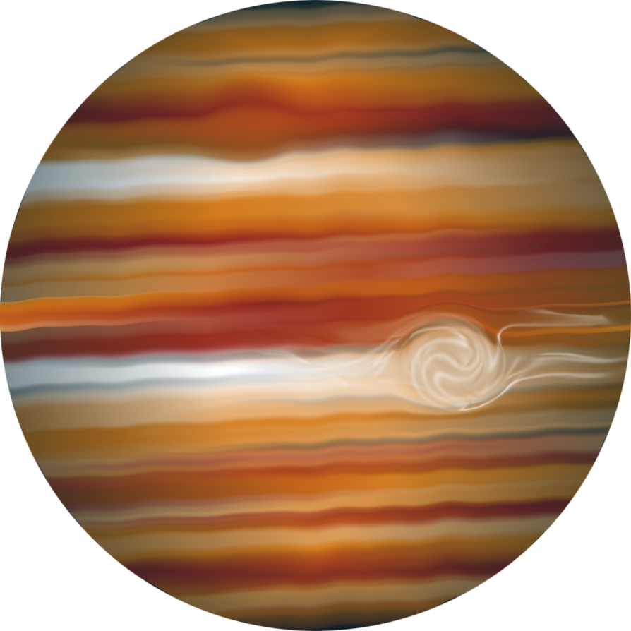 木星氣態巨行星之美.JPG 壁紙 — 一場旋轉風暴主宰著木星色彩繽紛的條紋大氣層，背景是黑色虛空。