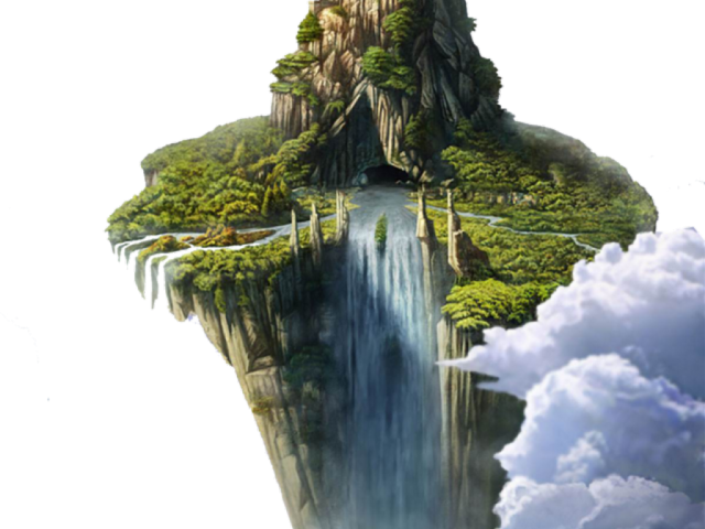 浮空島瀑布奇幻場景.JPG 壁紙 — 一個漂浮的島嶼，擁有茂密的綠色森林和瀑布，瀑布傾瀉到下面的雲層中。