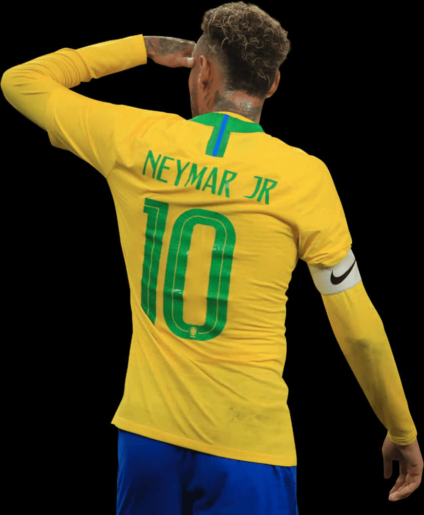 內馬爾Jr 巴西10號球衣 壁紙 — 尼馬（Neymar Jr）身穿巴西黃色10號球衣，背對鏡頭向黑色背景敬禮。