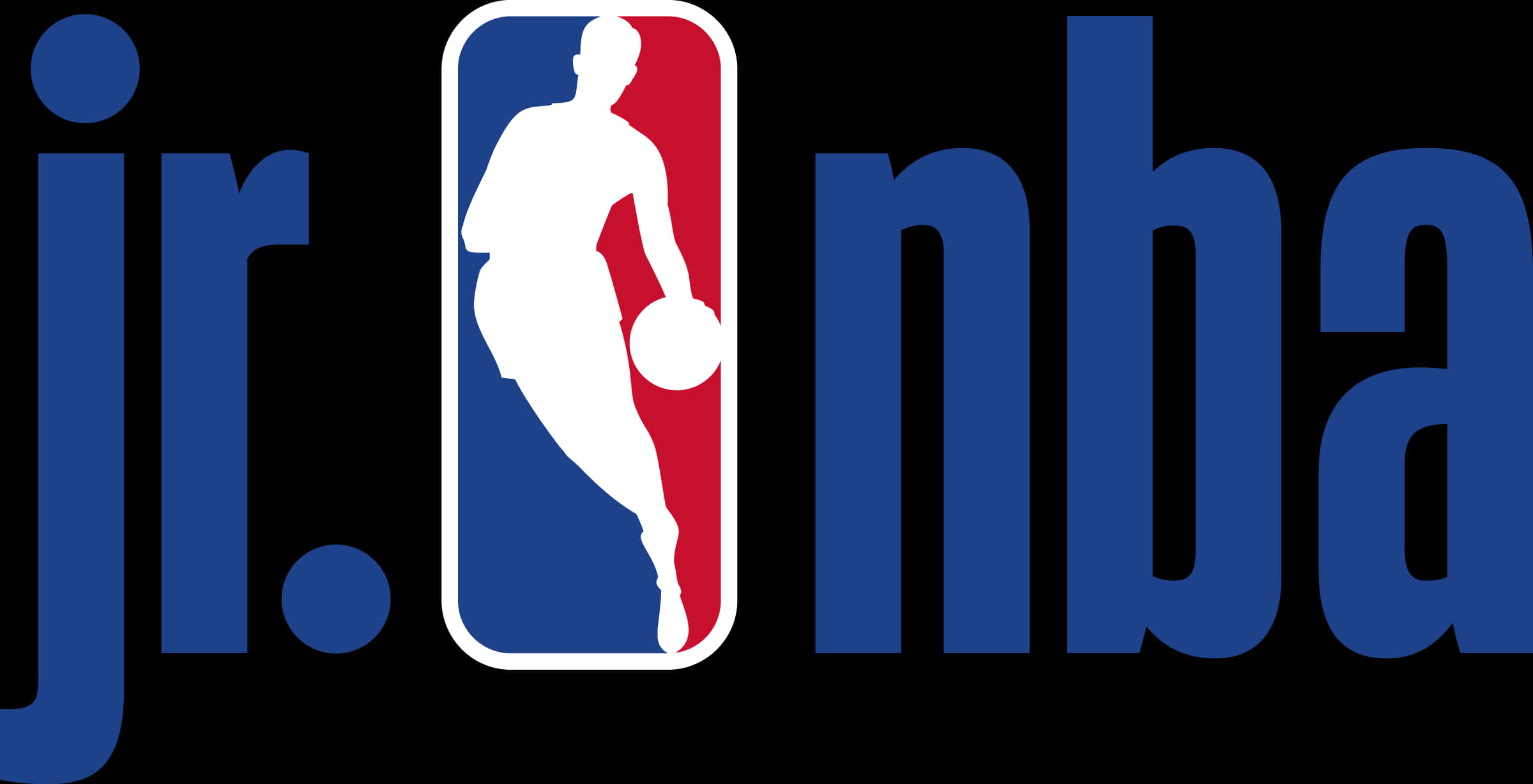 Jr NBA 標誌藍色背景 壁紙 — jr nba 標誌，白色籃球運動員運球剪影，背景為紅色和藍色。