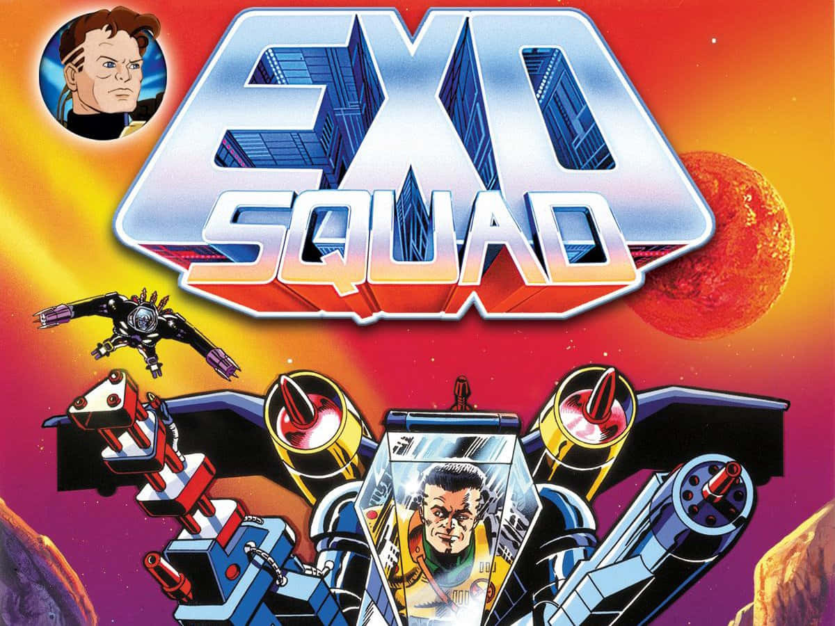 JT Marsh Exosquad 海報 壁紙 — 為 Exo Squad 設計的充滿活力的復古未來主義動畫海報，以機甲飛行員和太空船為特色，背景是熾熱的外星行星。