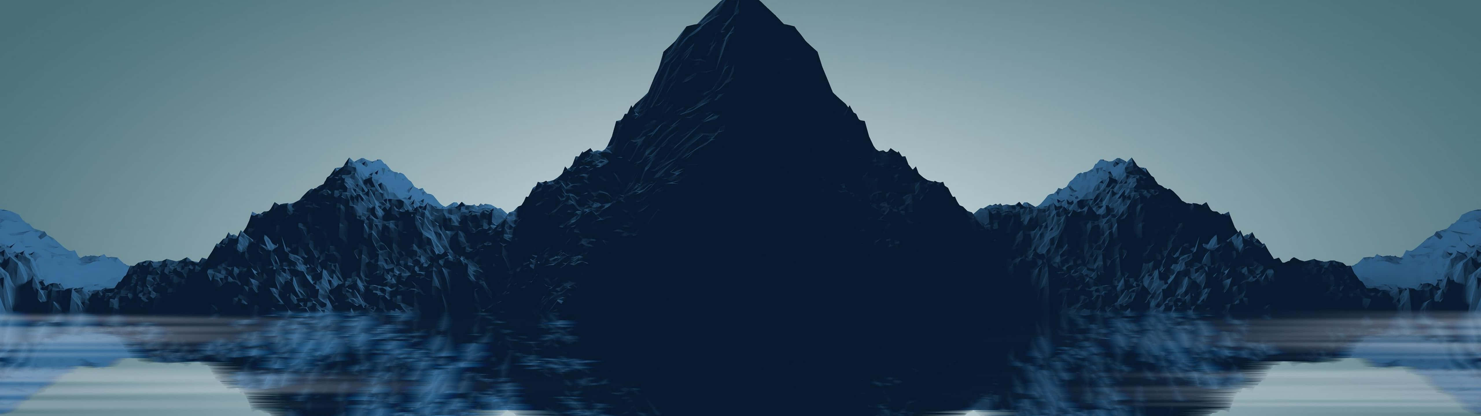 Abstract Landscape 桌布 壁紙 — 鋸齒狀的山脈，山頂積雪，在昏暗的暮色天空下倒映在平靜的水面上。