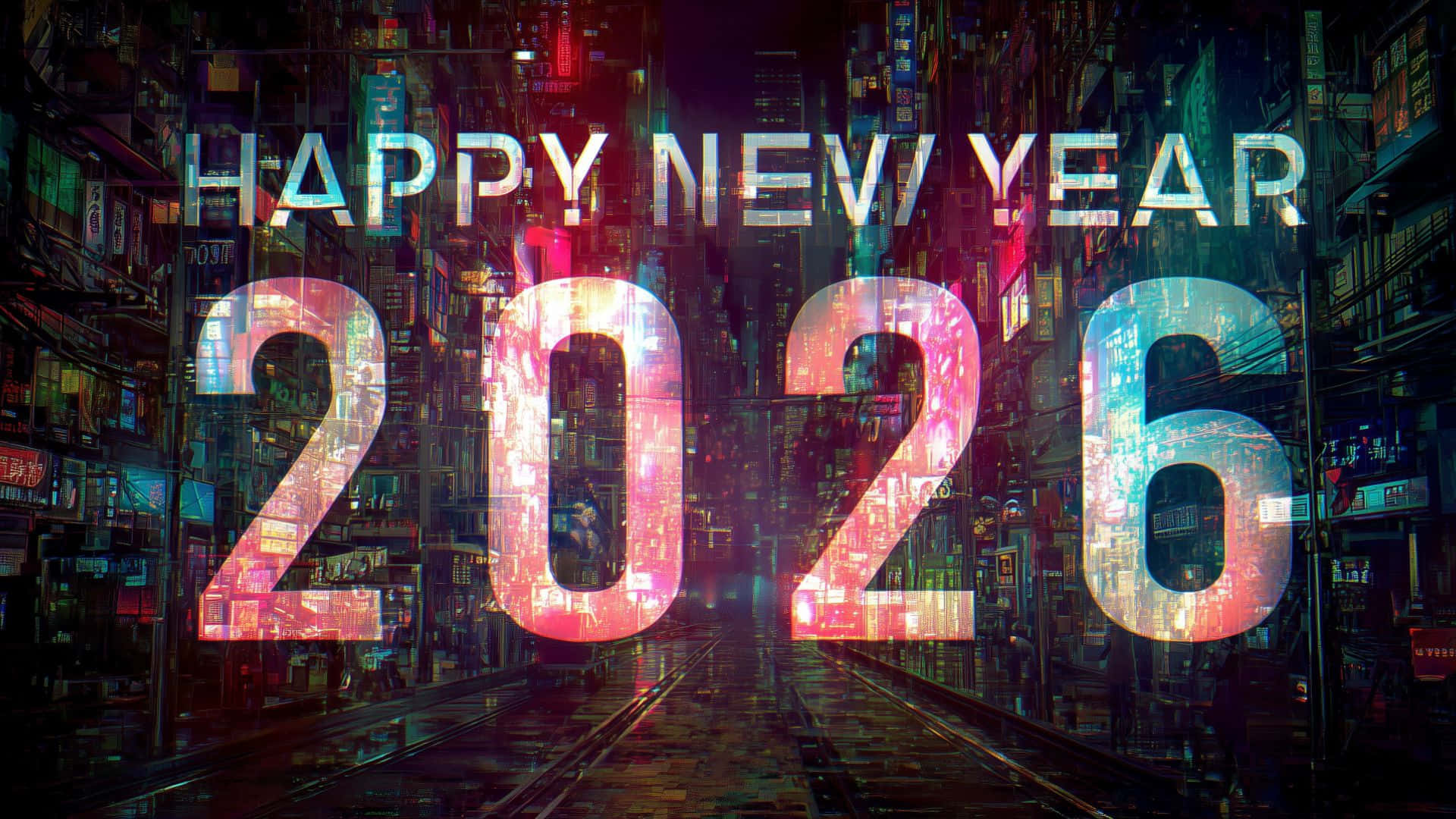  壁紙 — 巨大的發光2026數字在夜晚漂浮在充滿霓虹燈的賽博朋克城市街道上。
