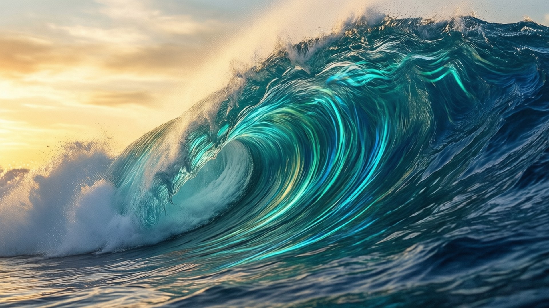 Angled Wave 桌布 壁紙 — 巨大的綠松色海浪在金色夕陽天空下強力翻捲，水花飛濺。