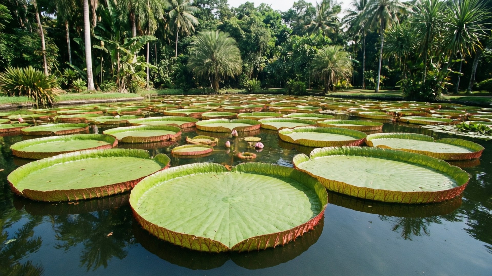 Water Lily 桌布 壁紙 — 巨大的維多利亞睡蓮在平靜的水面上靜靜漂浮，周圍環繞著茂密的熱帶叢林葉片。