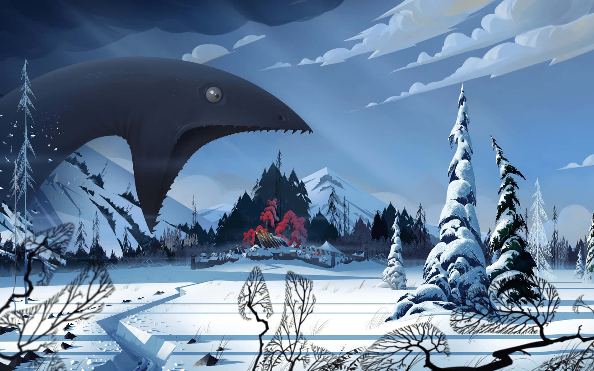  壁紙 — 在陰天之下，一頭巨大的黑色鯨魚從雪白的冬季景觀中躍出，周圍有積雪的樹木和遠山。