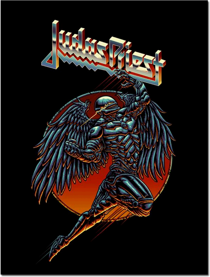 Judas Priest 標誌與吉祥物 壁紙 — 一個肌肉發達、戴頭盔的翼戰士在Judas Priest標誌下跳向一個火橙色的圓圈。