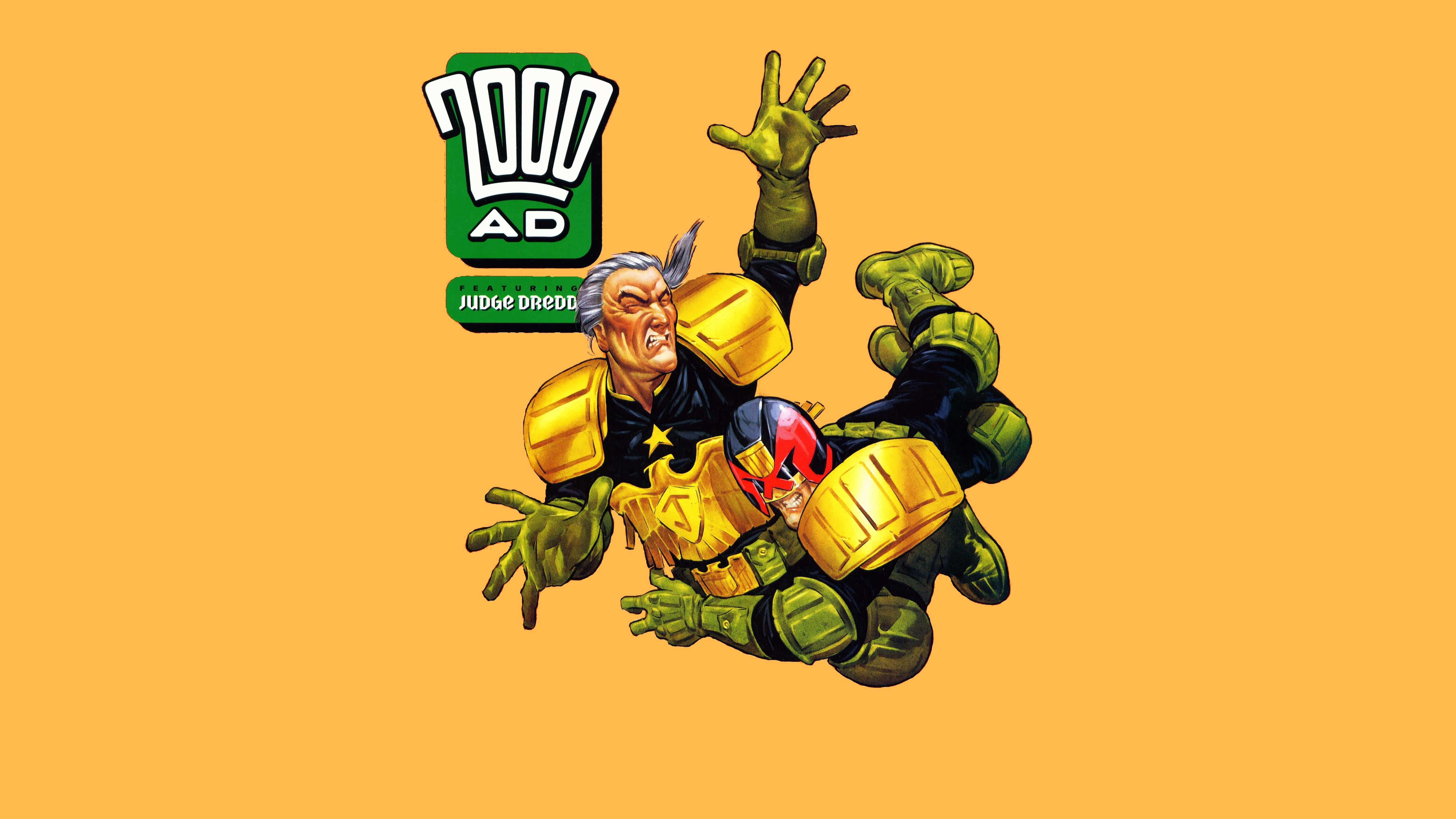 2000s 桌布 壁紙 — Judge Dredd 在純橙色背景上擺出動態動作姿勢，帶有2000 AD標誌。