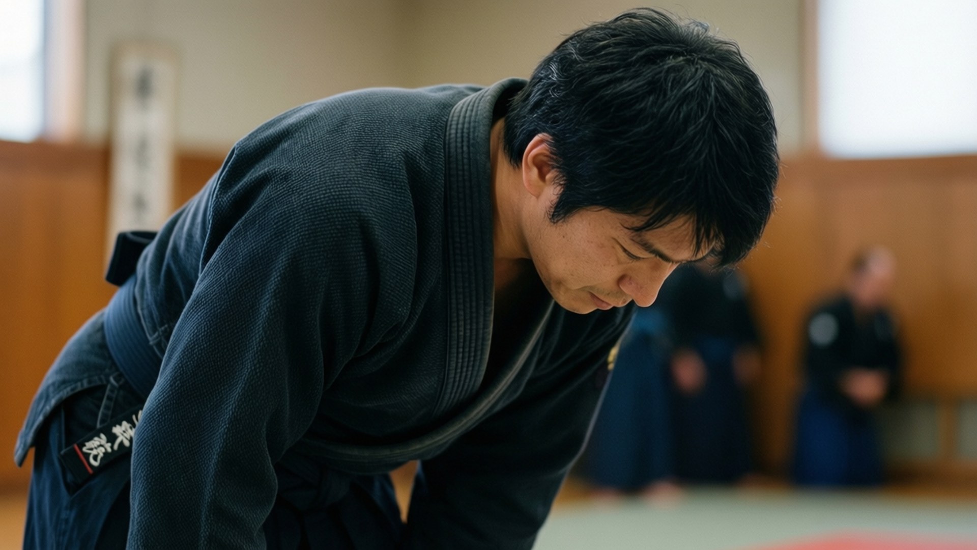 Respectful Bow 壁紙 — 一位專注的柔道運動員穿著深色柔道服，在傳統道場中恭敬地鞠躬，背景有木牆和模糊的訓練夥伴。