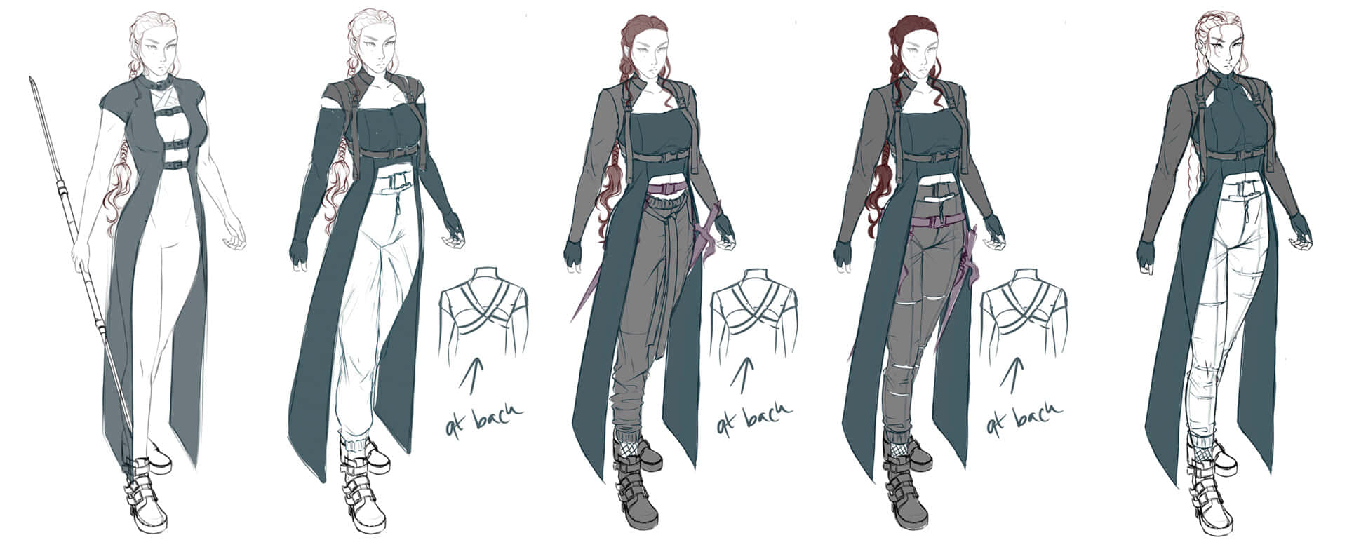 Devil May Cry Characters 桌布 壁紙 — 角色設計表，展示一位女戰士的多種服裝迭代，附有詳細的前視圖和後視圖。
