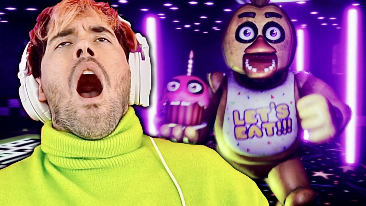 男子在霓虹燈房間中戴著耳機尖叫，與Freddy Fazbear和Cupcake電子動畫一起。