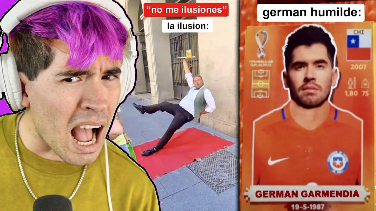 JuegaGerman 看 TikTok 影片 壁紙 — 一名紫髮男子在街頭表演者和足球員收藏卡旁邊戲劇性地反應。