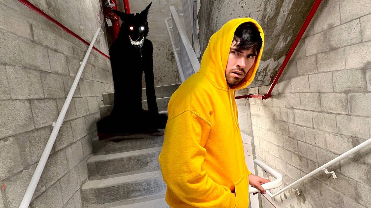 JuegaGerman 與影狼 壁紙 — 一名身穿黃色連帽衫的男子走下混凝土樓梯，一隻眼睛發光、牙齒鋒利的黑貓潛伏在他身後。