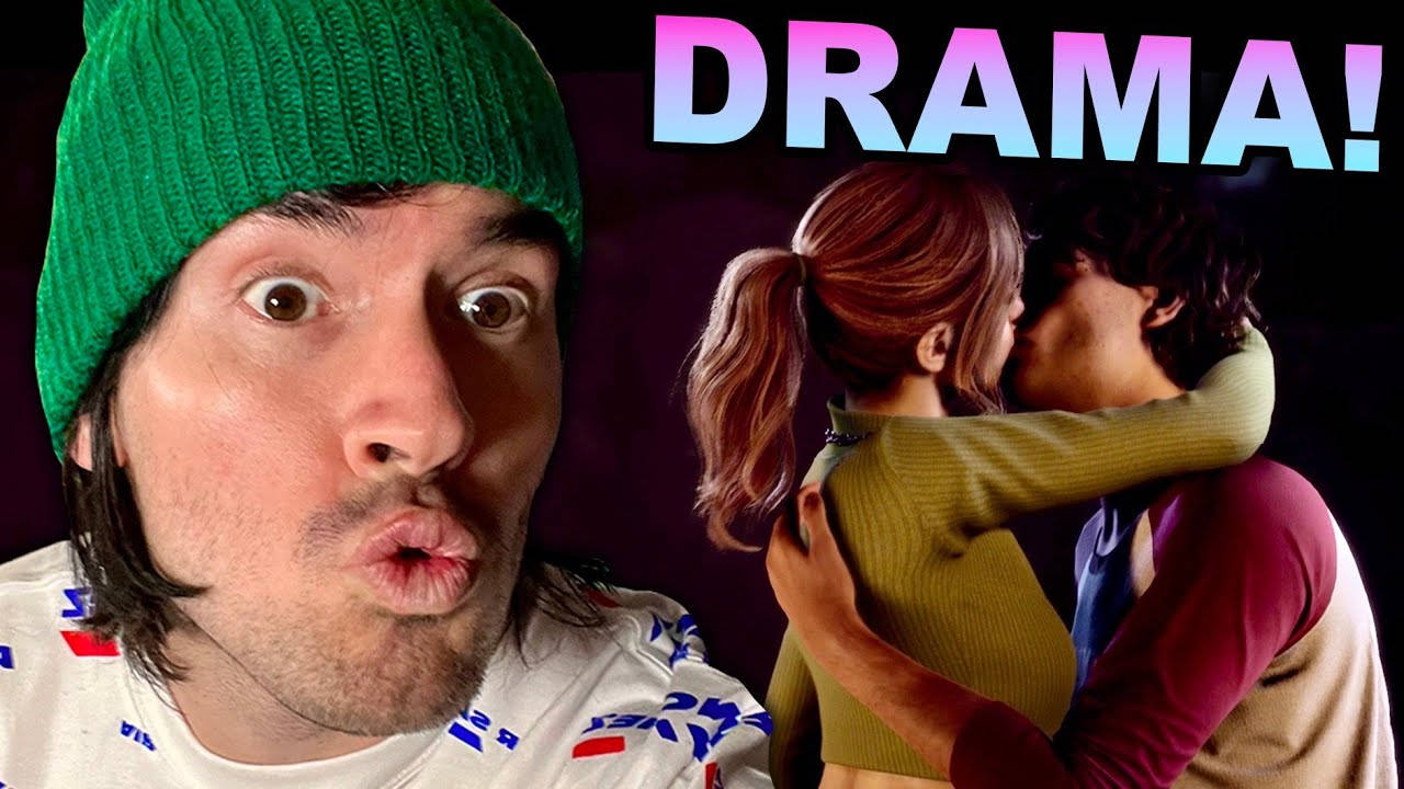戴綠色冷帽的男人對接吻的數碼情侶及「DRAMA！」文字作出反應。