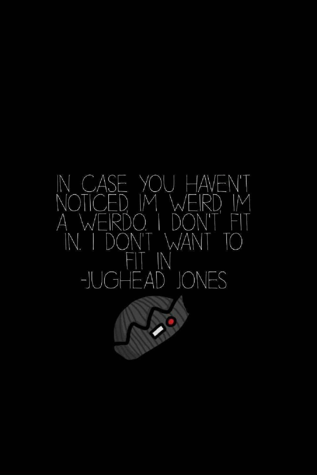 Jughead Jones關於自己是個怪人的白色手寫引用，下方有一個帶紅色鈕扣的灰色冷帽。