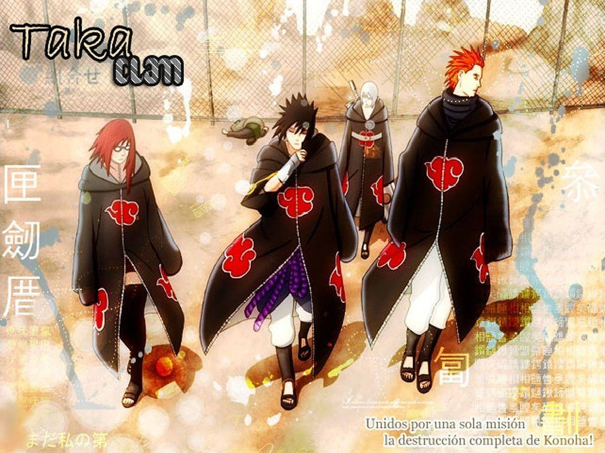 Jugo Team Taka 團隊 壁紙 — 四個身穿帶有紅色雲朵的黑色曉組織斗篷的動漫角色，站在一個粗糙城市環境中的鐵絲網圍欄前。
