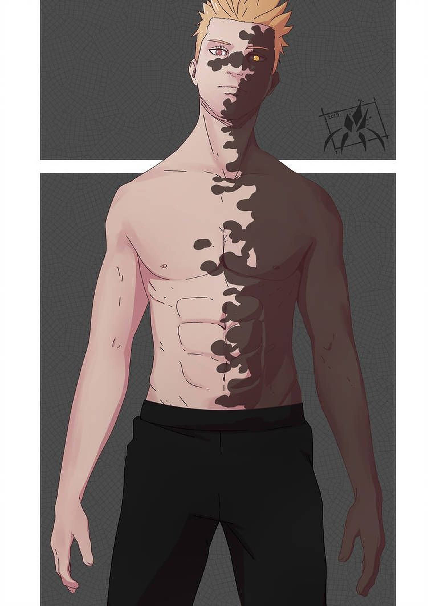 Jugo 半身 Sage 轉變 壁紙 — 一個赤裸上身的動漫男子，金色尖刺頭髮，半邊臉和軀幹被黑色墨水狀圖案從中間分開，背景是灰色網格。