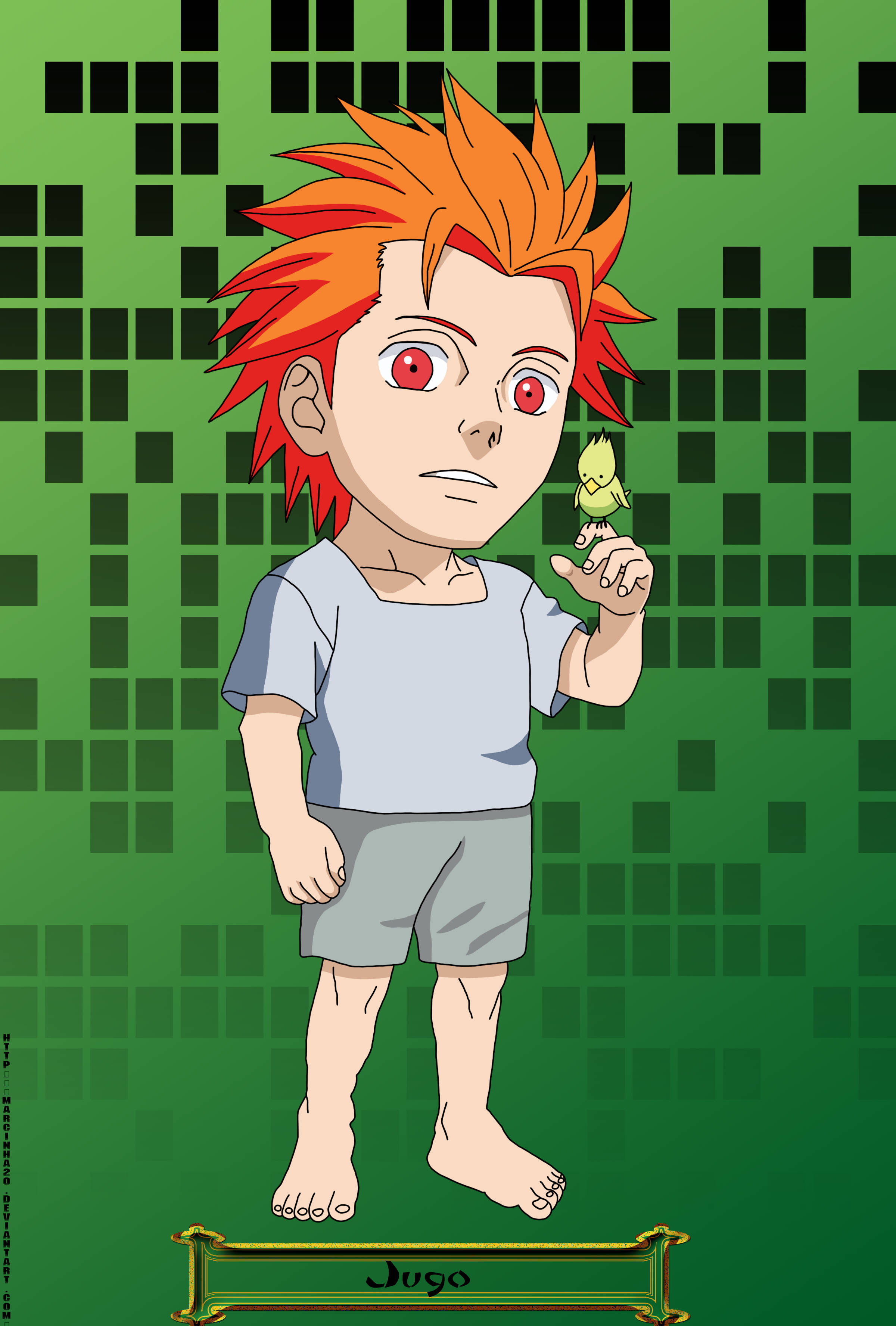 Jugo 卡通繪畫 壁紙 — 一個年輕的動漫男孩，擁有火紅的橙色頭髮和紅色眼睛，在像素化的綠色背景上捧著一隻小綠鳥。