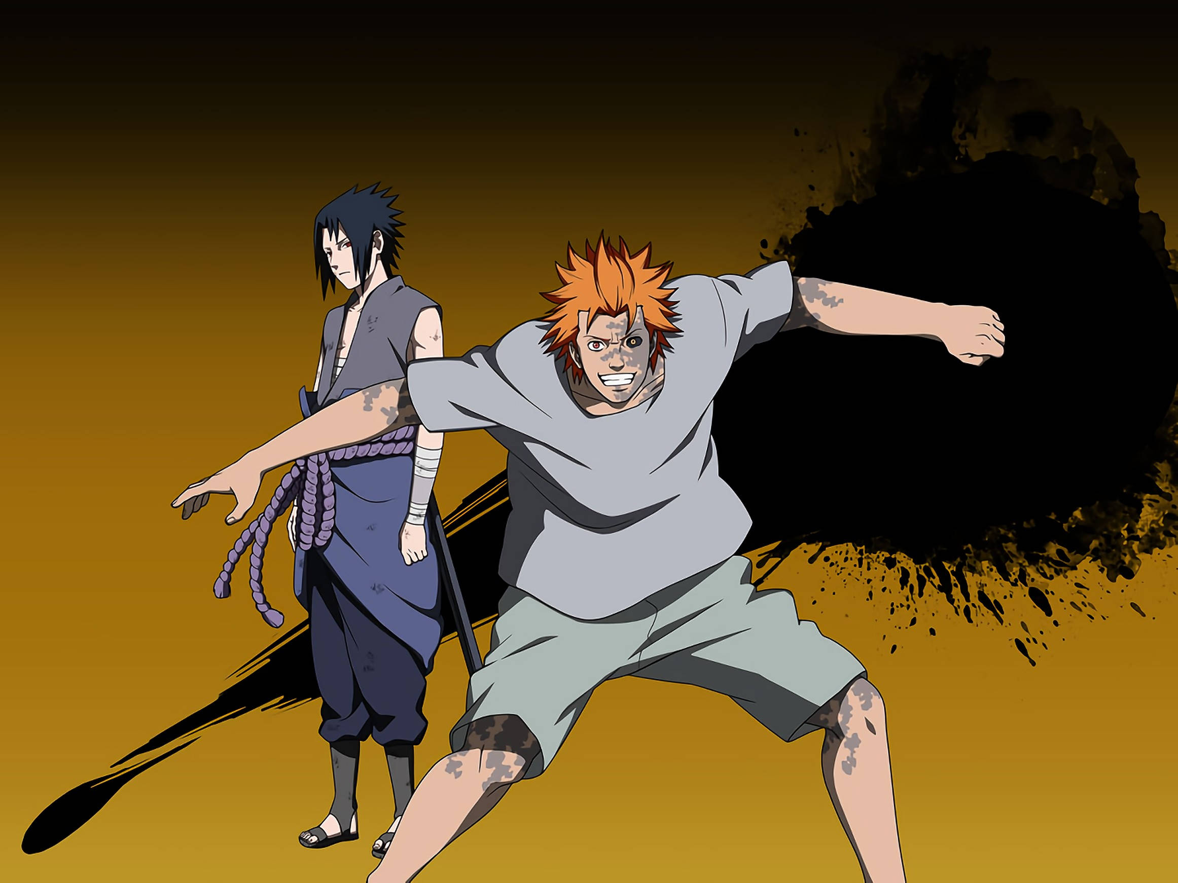 Jugo 與 Sasuke 壁紙 — 兩位動漫戰士以動態戰鬥姿勢，襯托大膽的橙色和黑色背景。