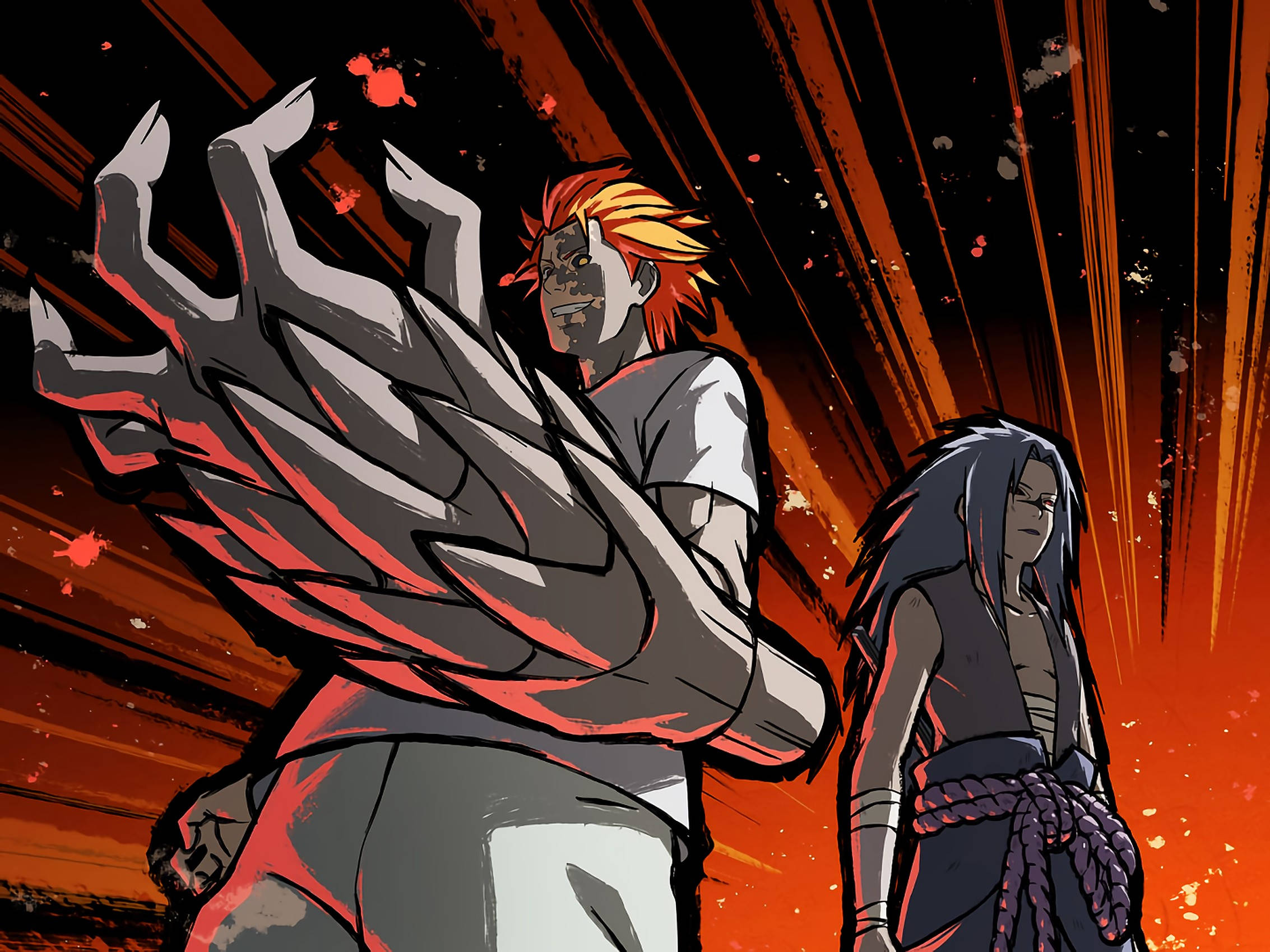 Jugo 與 Sasuke 向量藝術 壁紙 — 兩個動漫角色站在火熱的橙色背景前，其中一個釋放出一隻巨大的灰色和紅色爪手。