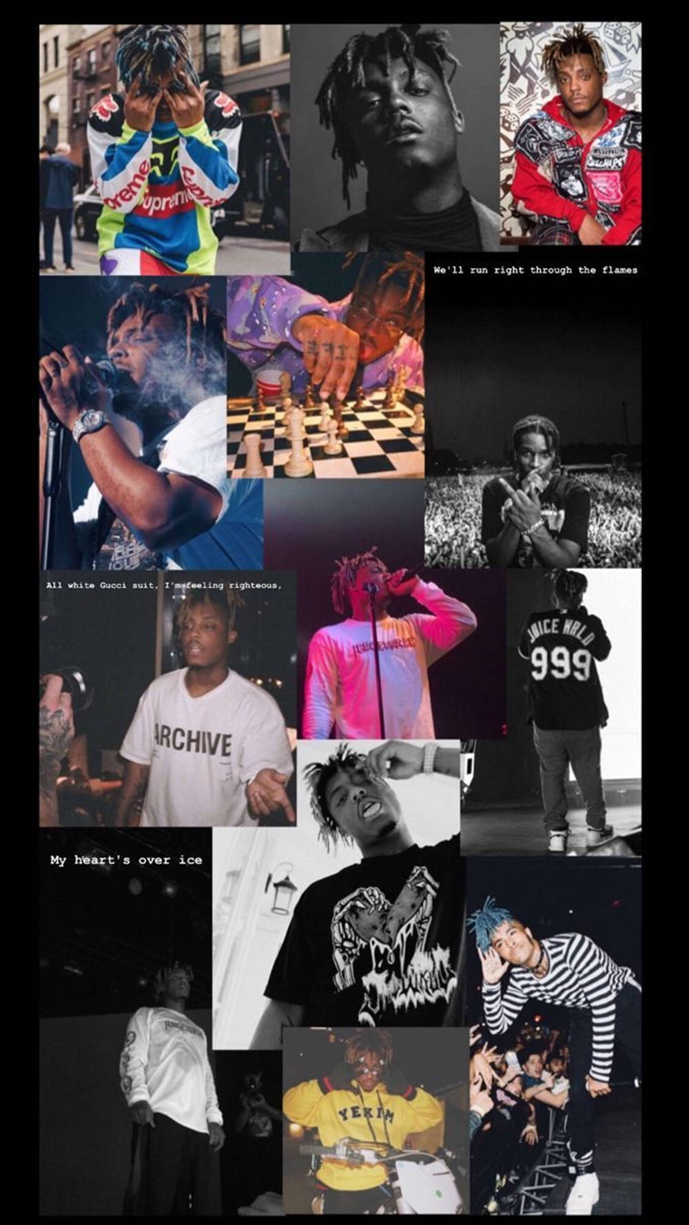 感受 Juice Wrld 的復古美學 壁紙 — 一張充滿活力的拼貼畫，展示說唱歌手 XXXTentacion 在都市和表演場景中的各種姿勢和服裝。
