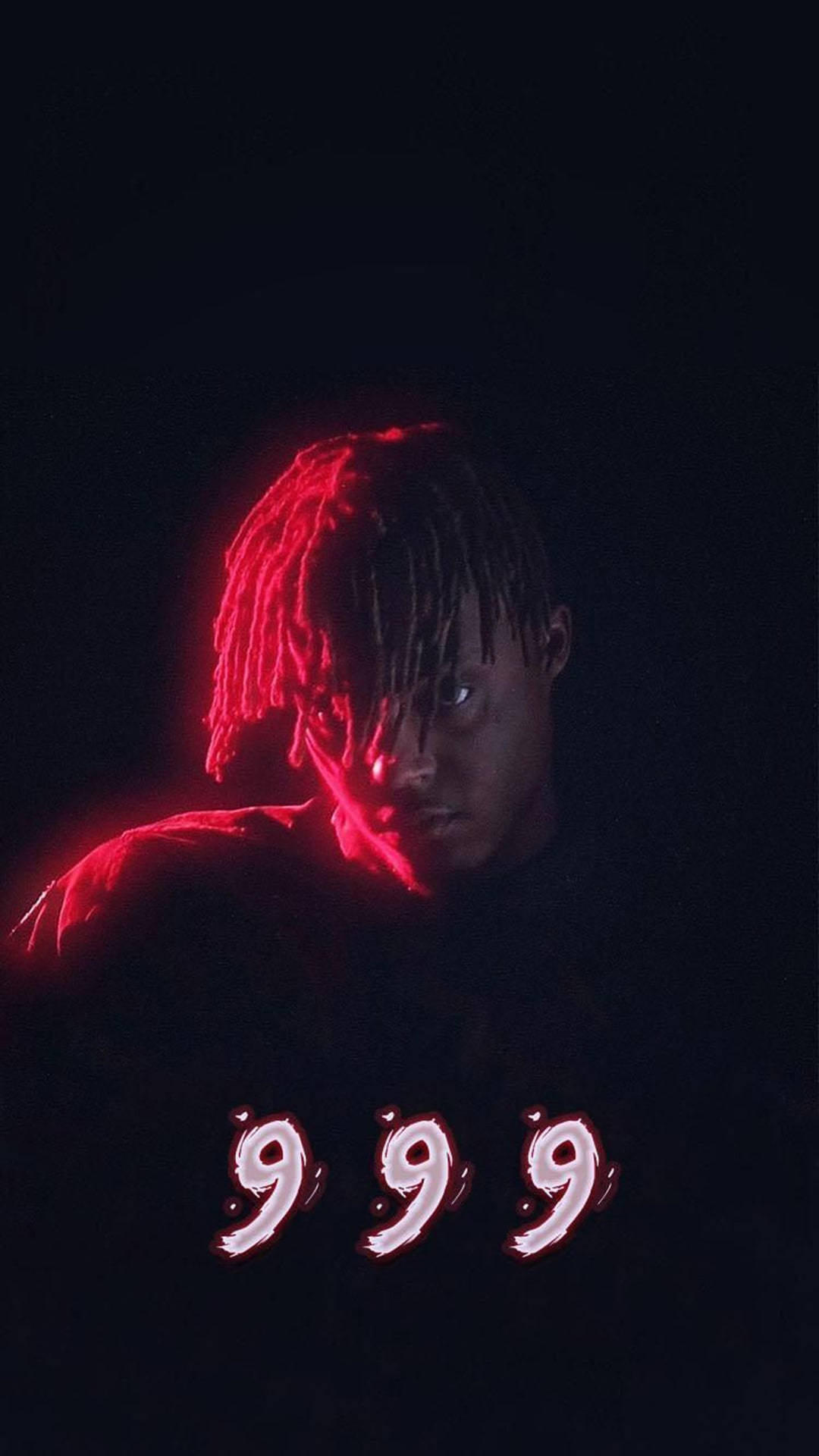 酷炫 Juice WRLD 999 粉紅 壁紙 — 一個擁有發光紅色辮子的人，在黑色背景下強烈凝視，下方有發光的紅色數字999。
