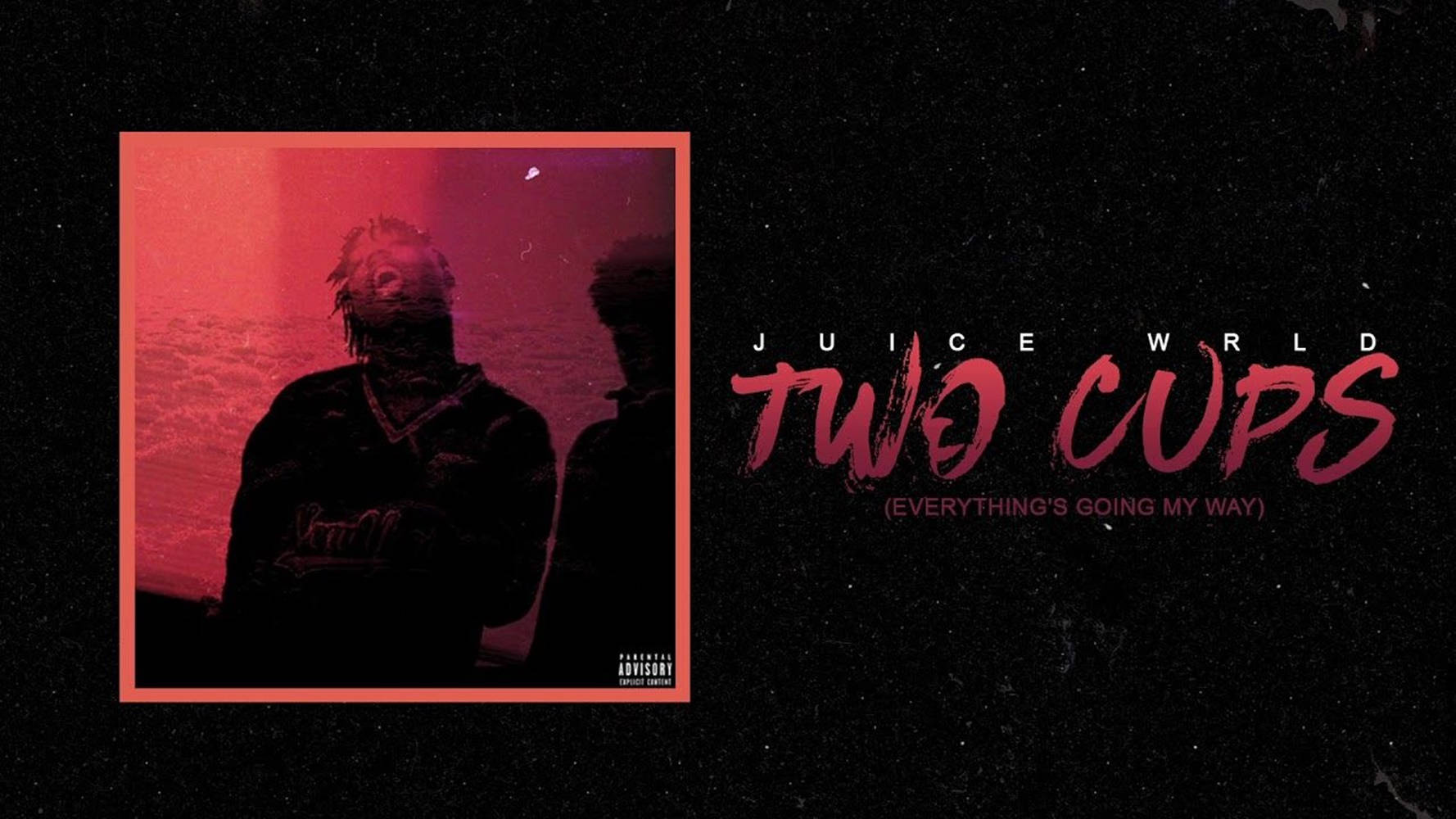 Juice WRLD 的《Two Cups》專輯封面，帶有紅色燈光的剪影和粗體粉紅色文字。