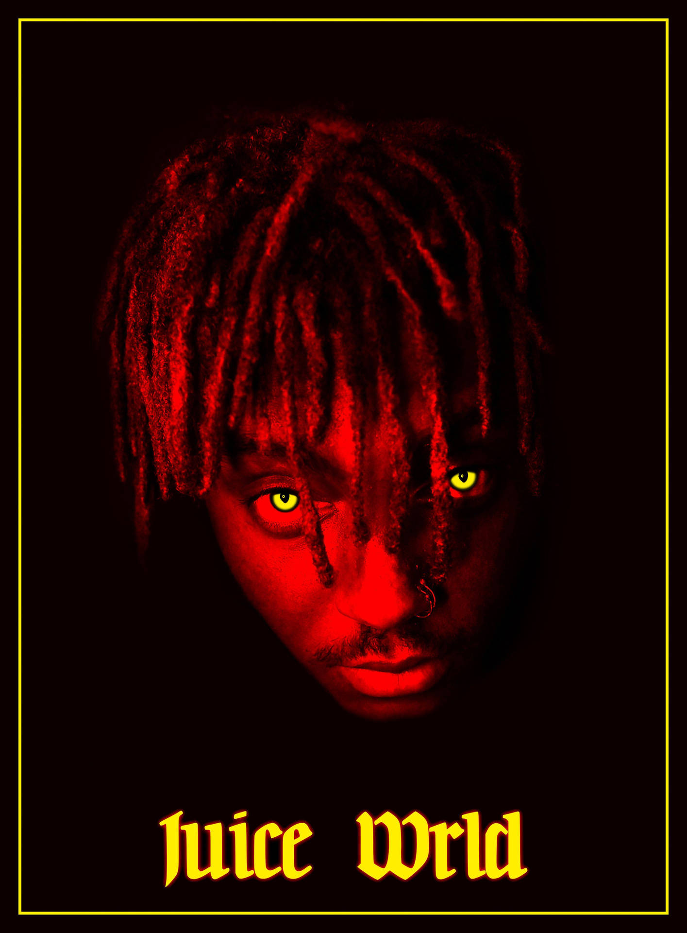 Juice Wrld 999 紅色肖像 壁紙 — Juice WRLD 的令人難忘的肖像，擁有發光的綠色眼睛和紅色辮子，黑色背景，金色畫框。