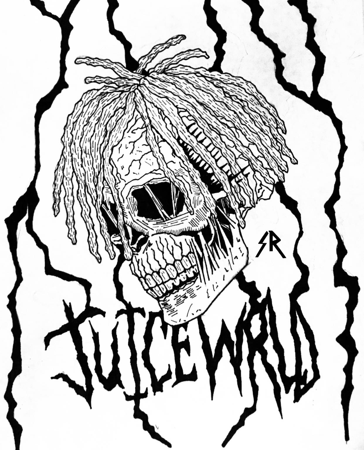 帶有辮子髮型和鋸齒狀裂縫的頭骨，附有「JUICEWRLD」文字。